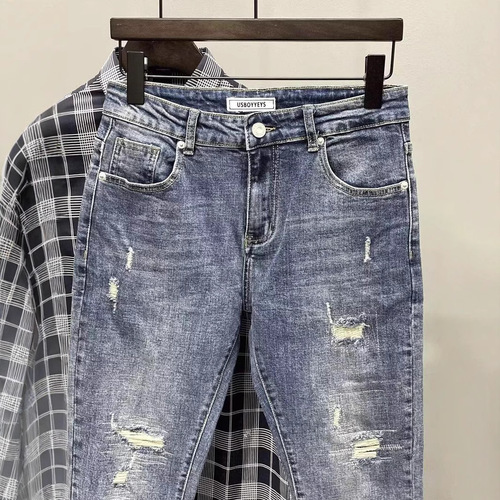 Chic summer jeans for men, stretch fit slim straight leg, Korean style, trendy and high-end, versatile casual pants