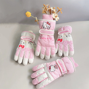 Sanrio Kidsren's Ski Gloves Women's Hitty Cat Gloves Winter Warm Anti-Slip Five-Finger Fleece-Lined Thickeneding