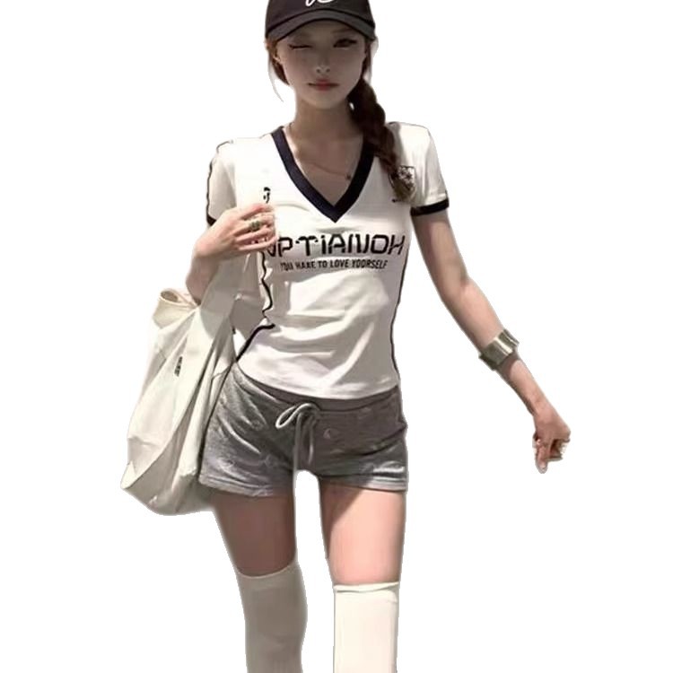 Slim Fit Women's Jersey T-Shirt V-Neck Short Sleeve Summer Top Hot Girl Sports Short New Waist Cinching_ecoleips.com