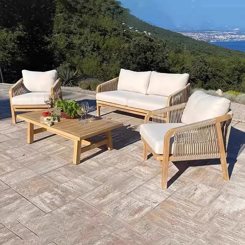 Sofá al aire libre de teca Jardín Jardín de madera anticorrosiva Diseñador Balcón al aire libre Silla de mimbre de ocio Combinación de muebles de hotel