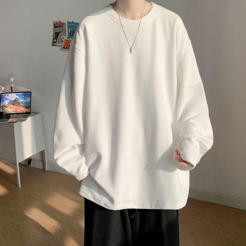 長袖Tシャツメンズ香港スタイルの新しい春と秋の厚手の純綿ルーズTシャツインナーレイヤリングシャツ無地トップ|undefined