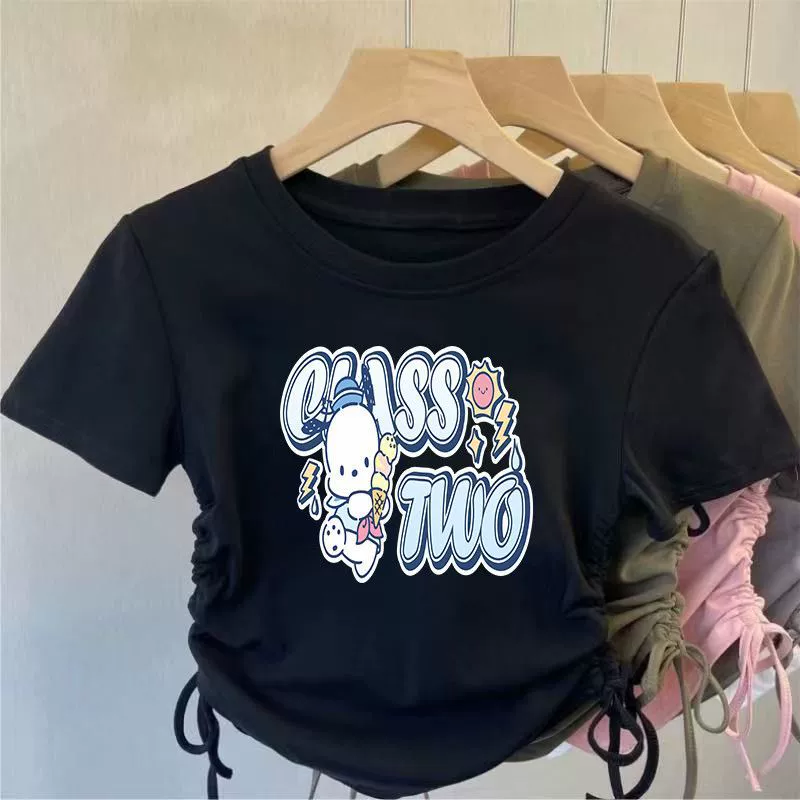 Hello kitty, шелковая летняя футболка, шнурок, с коротким рукавом, slim fit, западный стиль, для подростков