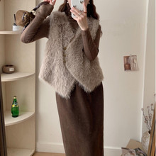 仿水貂绒V领针织马甲开衫2024春秋新款双排扣毛衣背心外搭坎肩女