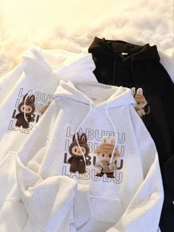2024 autumn new cartoon cute cloth hooded fleece-lined sweater women loose plus size long sleeve top wholesale