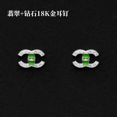 衆星珠寶小香風天然翡翠耳釘雙C字母高級感港風耳飾鑲鑽蛋面批發