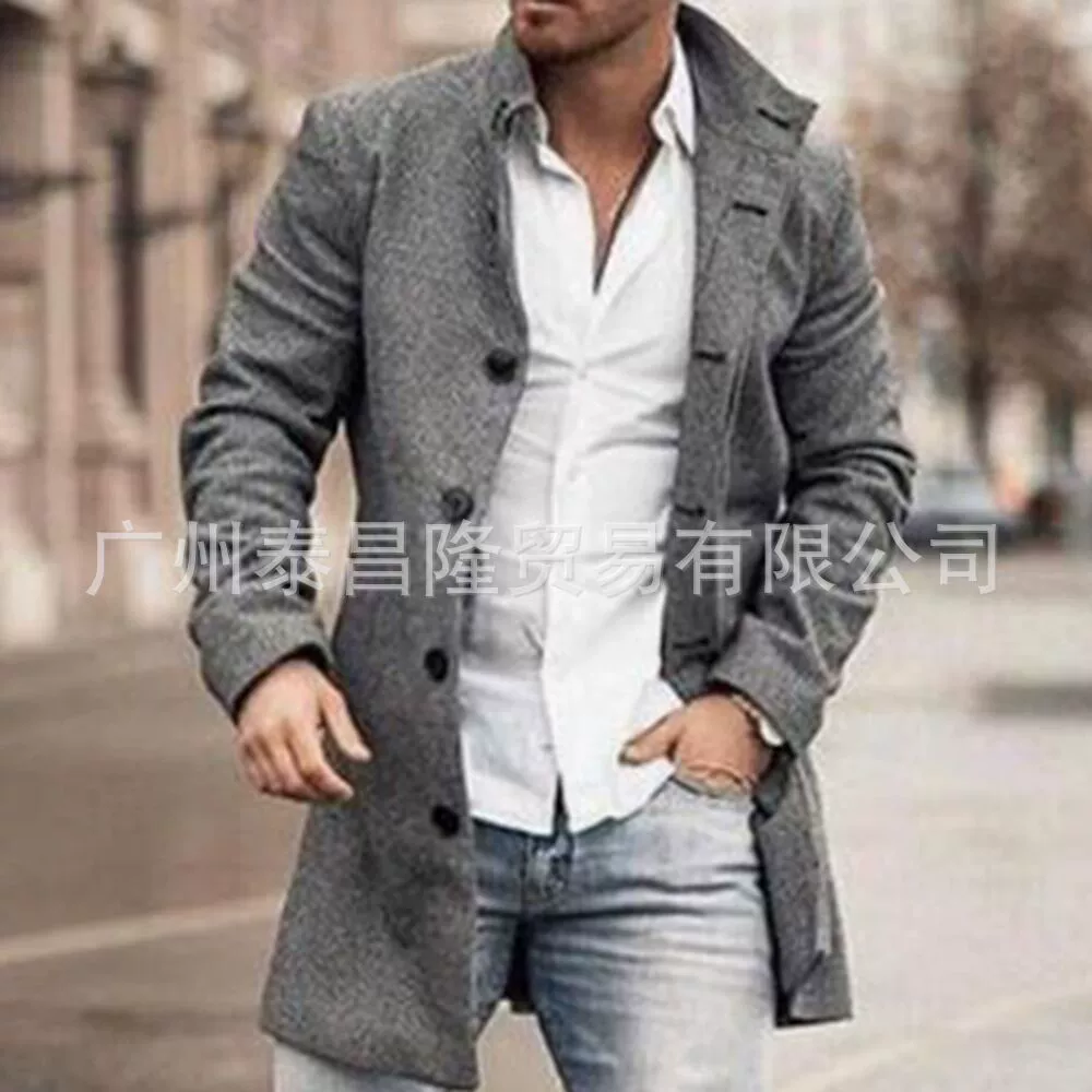 Желаю, чтобы Внешняя торговля Amazon, Европа и США, трансграничная осень и зима, Новое мужское шерстяное повседневное пальто с воротником-стойкой и длинным карманом