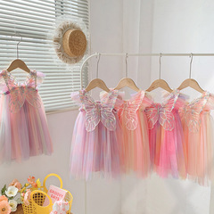 Cross-border Amazon Rainbow Wing Net Fabric Girls' Dress 2024 Summer Style Sleeveless Baby Princess Dress Puff Dress