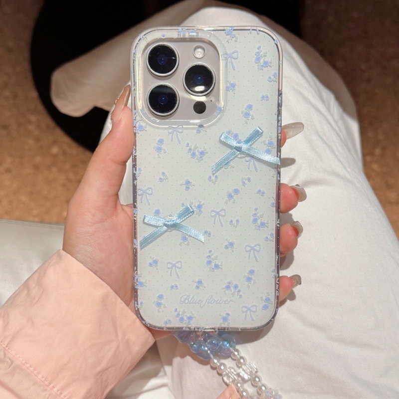 Lazo floral azul coreano para Apple 15Pro/16Pro funda para teléfono móvil 14 cadena 13 femenino 16PM nuevo