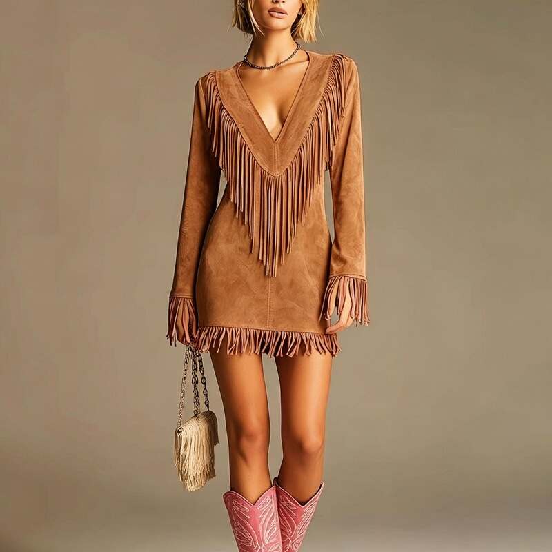 New Amazon bestseller, cross-border style, 2026 Western cowboy-inspired V-neck faux suede fringed fitted long-sleeve bodycon dress New Amazon bestseller, cross-border style, 2026 Western cowboy-inspired V-neck faux suede fringed fitted long-sleeve bodycon dress