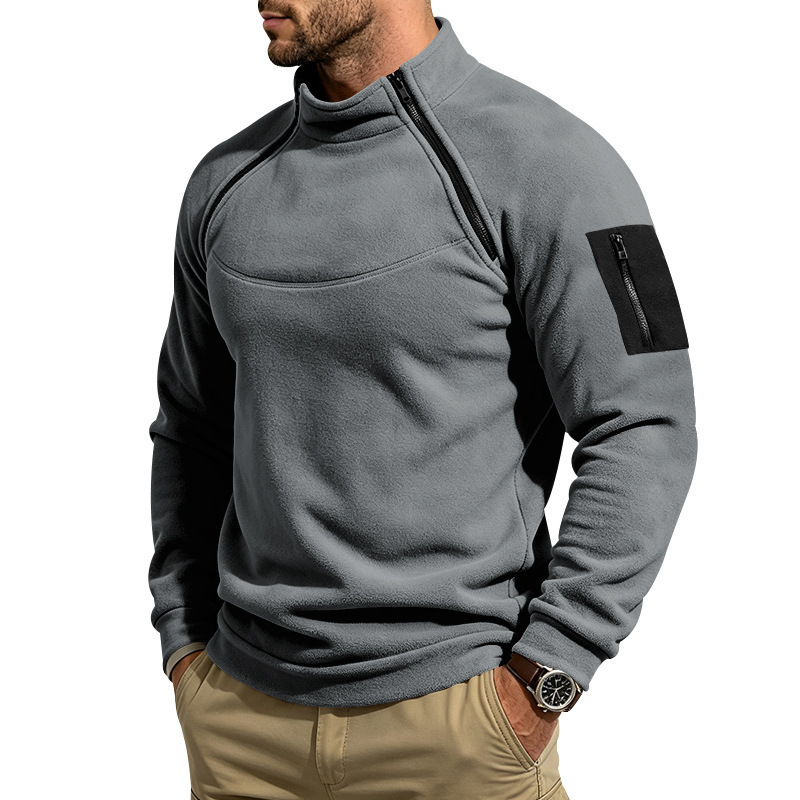 Cross-border European and American Amazon men's autumn and winter casual warm fleece solid color double-zip half-turtleneck pullover sweatshirt
