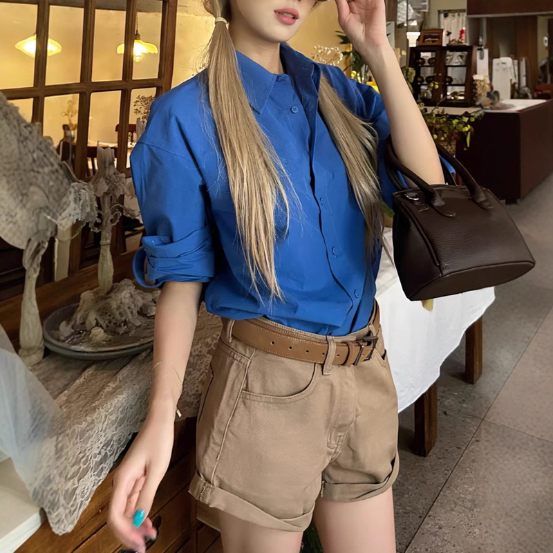8Uioo "Prussian Blue" Klein Blue Long-Sleeved Shirt Women's Korean Autum Shirt Design Top