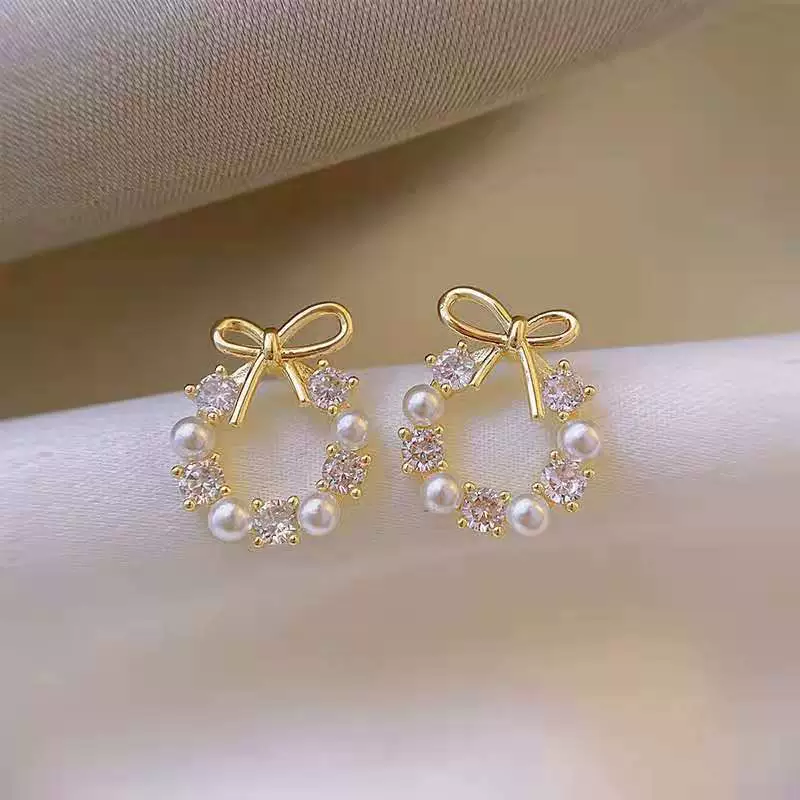 Jewelry pearl, earrings with bow, silver 925 sample, internet celebrity