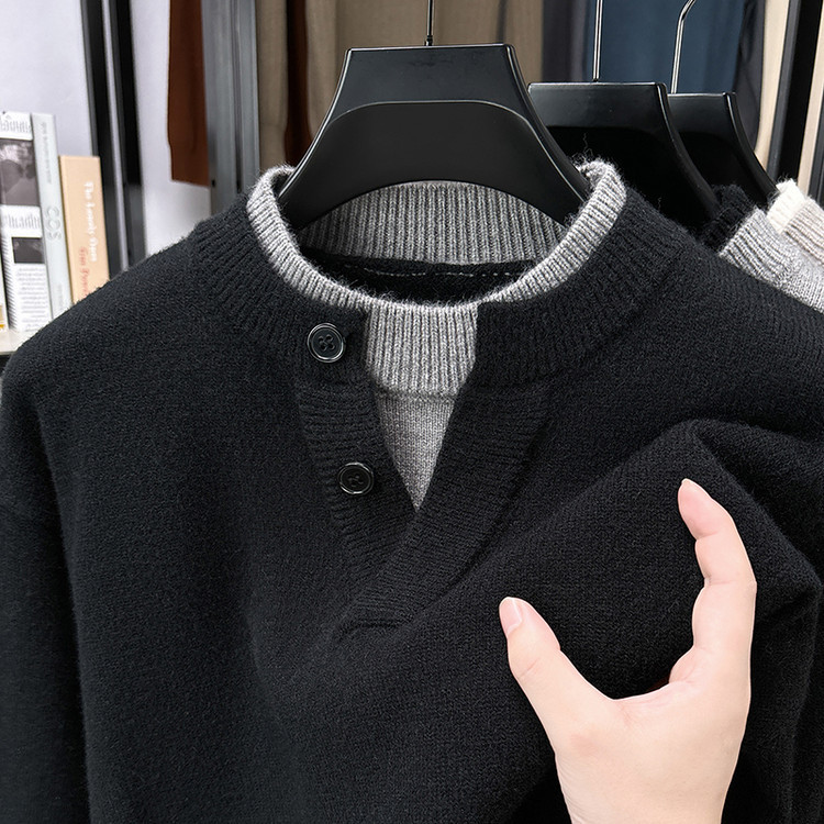 2025 otoño y invierno nuevo suéter de dos piezas falso estilo de moda casual coreano para hombres camisetas de punto cálidas