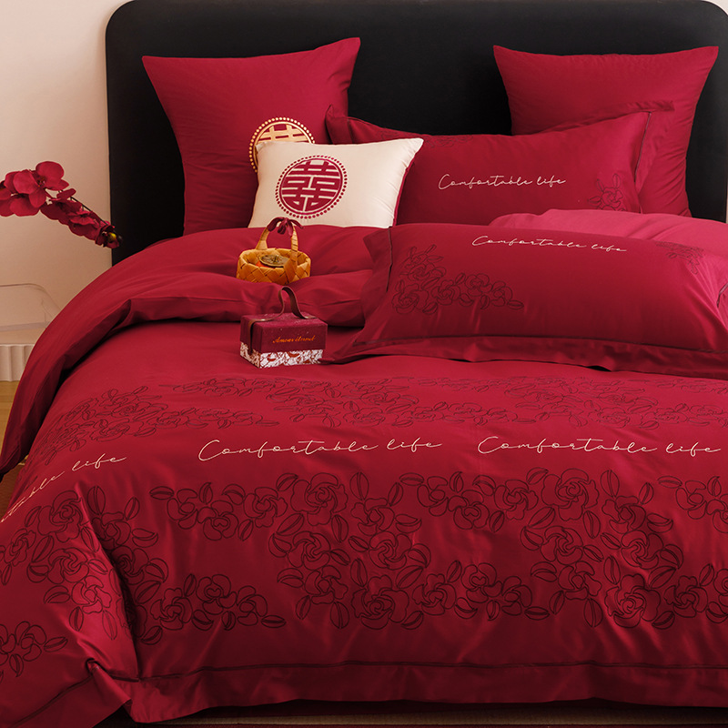 Chinas de alta gama algodón Jacquard cama de boda cuatro piezas de algodón sábanas rojas cubierta sábanas de boda