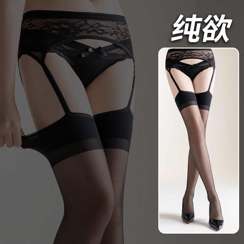 Hua Muyan Ultra-Thin Sexy Lace One-Piece Garter Stockings Black Silk Goddess Over-The-Knee Stockings Transparent Temptation Stockings for Women
