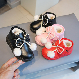 Winter Children's Cotton Shoes fleece-lined Thickened Warm Shoes Fur Ball Small Leather Shoes Women's Children's Shoes Big Cotton Girls Bow