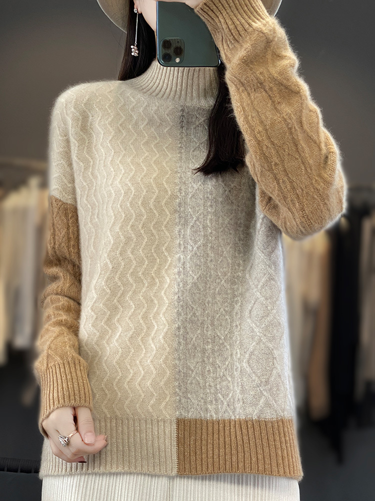 秋冬新款半高领花纹拼色扭花100%纯羊毛针织衫女士宽松时尚羊毛衫