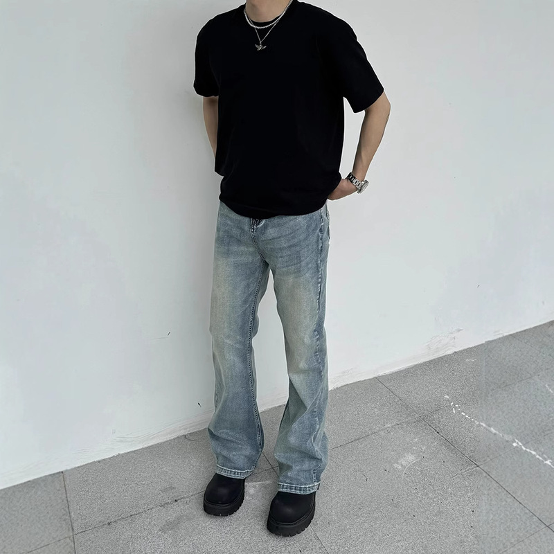 TikTok Vibe Style light blue Washed Denim Pants Men's American Style High Street Loose Retro Pop Casual Straight Pants