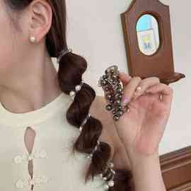 韩版珍珠发圈高弹力头绳女高马尾编发神器气质电话线高级感头饰品