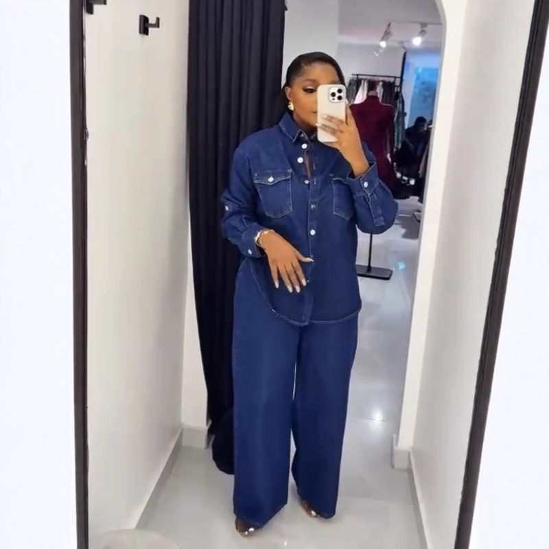 Amazon European and American Clothing Cross-Border New Lapel Fashion Retro Denim Cardigan Long-Sleeved Top Straight Pants Suit