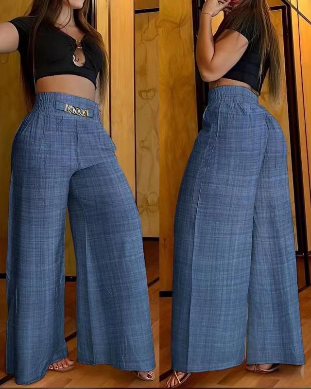 Holiday Occasion Loose Fit Type Letter, Solid Color Pattern Women's Holiday Streetwear Letter Solid Color Full Length Chain Casual Pants