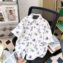 花衬衣新款时髦港风碎花短袖上衣女夏季宽松百搭设计感小众衬衫潮