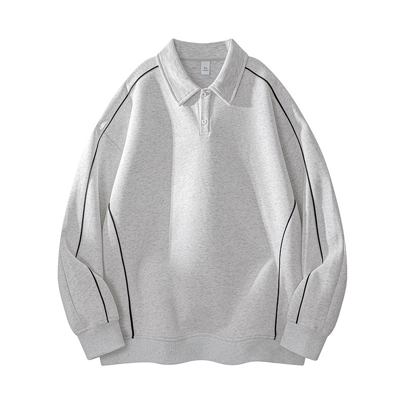 Oversize Trendy Light Gray Polo Collar Sweatshirt Men's Black Line Loose Top Street Simple Casual Bottoming Shirt