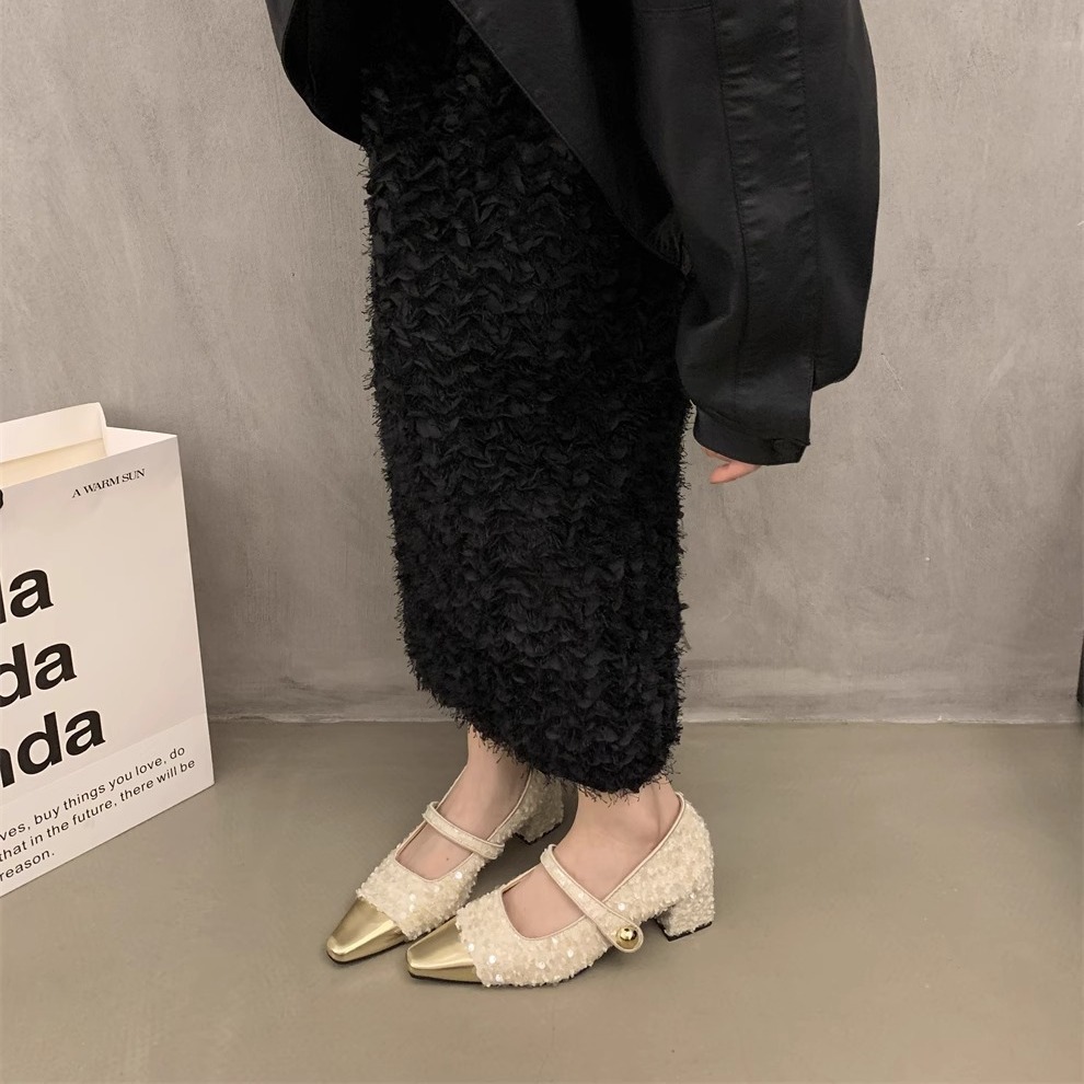 Chanel estilo tacones altos primavera y otoño tacón grueso noche lentejuelas zapatos de una sola capa zapatos de mujer estilo francés vestido negro Mary Jane zapatos