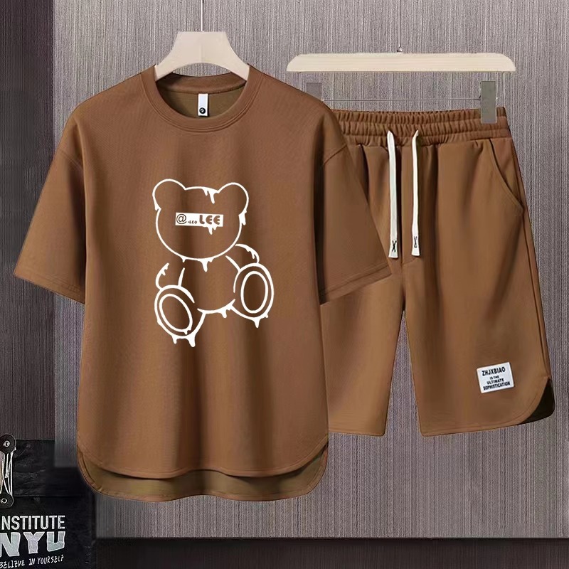 Men's Clothing 2024 Waffle Casual Summer Suit Men's Loose Teen Short sleeved T shirt Shorts Handsome Two piece Suit_ipsvogv.com