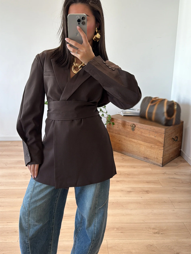 Chaqueta de Traje con Cinturón de Poliéster con Solapa y Manga Larga