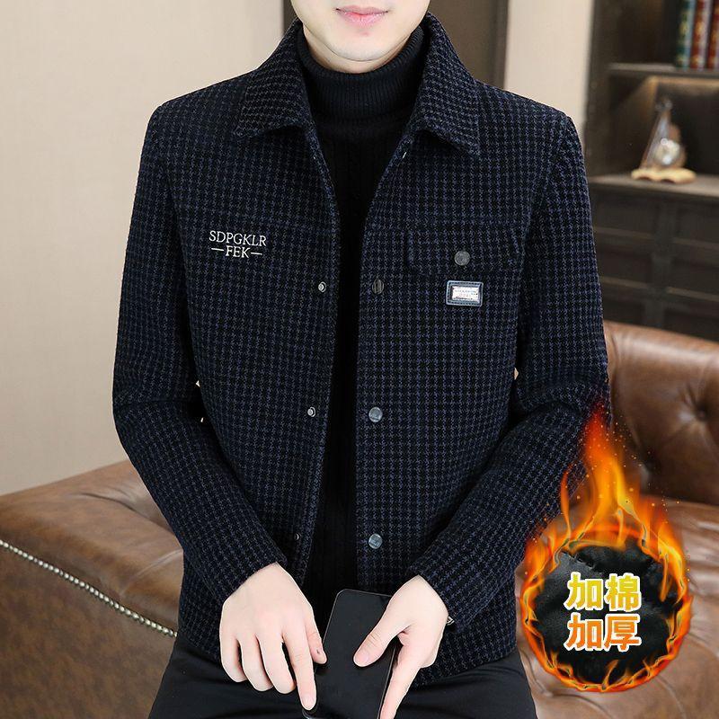 New Style Fleece-Lined Thickened Lapel Jacket for Men, Autumn and Winter Trendy Brand Plaid Print Short Trench Coat Fashion Coat
