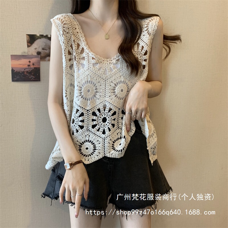 French Hollow Crochet Solid Color Sleeveless Vest Women's Autumn Loose Casual V-neck Irregular Niche Top