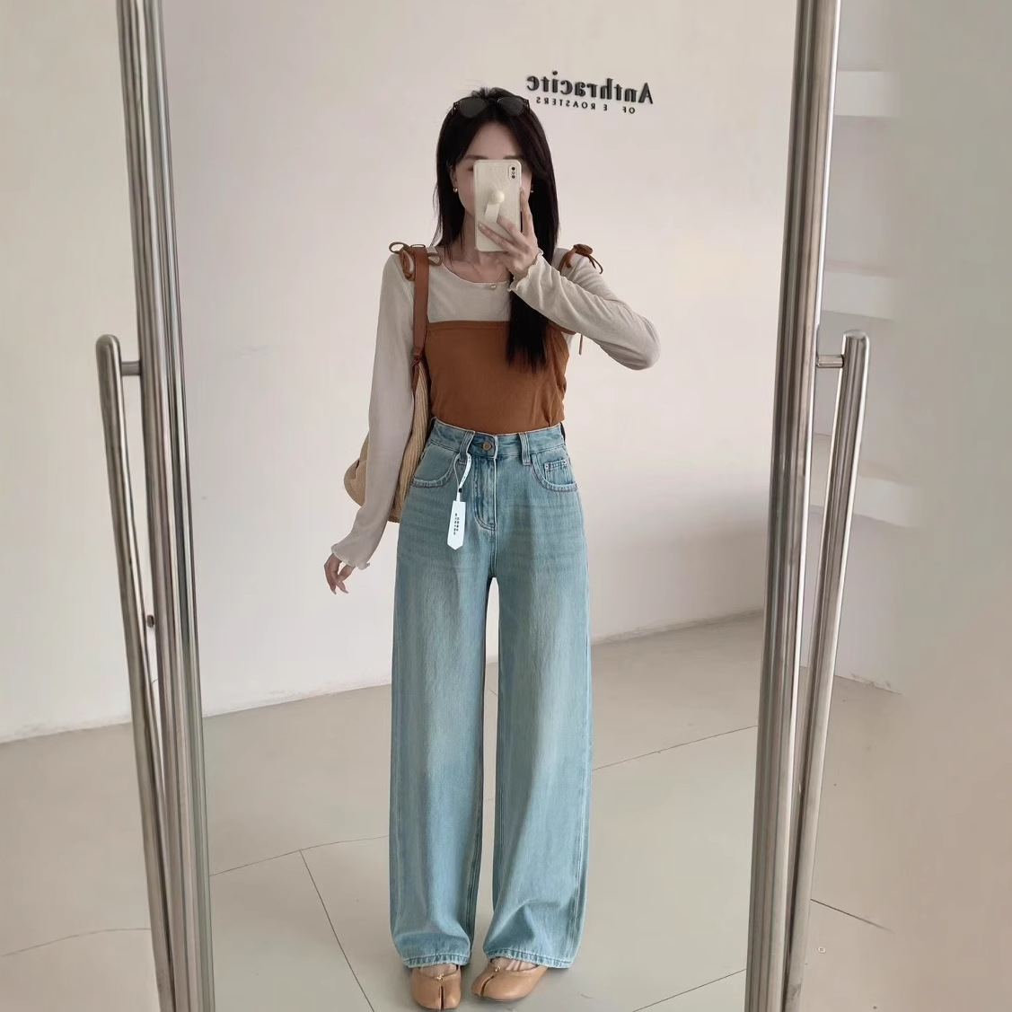 Leg fine standard ~! Leg Long High Waist Mop Jeans Women's 2025 Spring New Loose Straight Wide Leg Pants