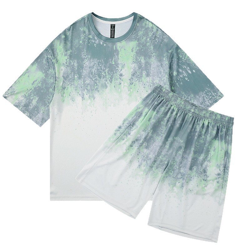 Transfronterizo americano tie-dying casual set hombre verano suelto hielo camiseta de cuello redondo de manga corta rápida secado pantalones cortos deportivos de moda