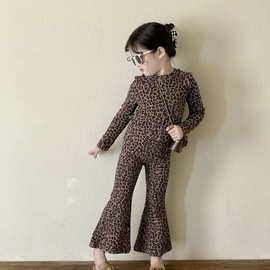 女童豹纹套装秋装新款韩版时髦儿童长袖T恤喇叭裤两件套女宝秋季