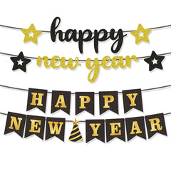 亚马逊跨境新年元旦晚会派对装饰HAPPY NEW YEAR黑金拉旗横幅批发