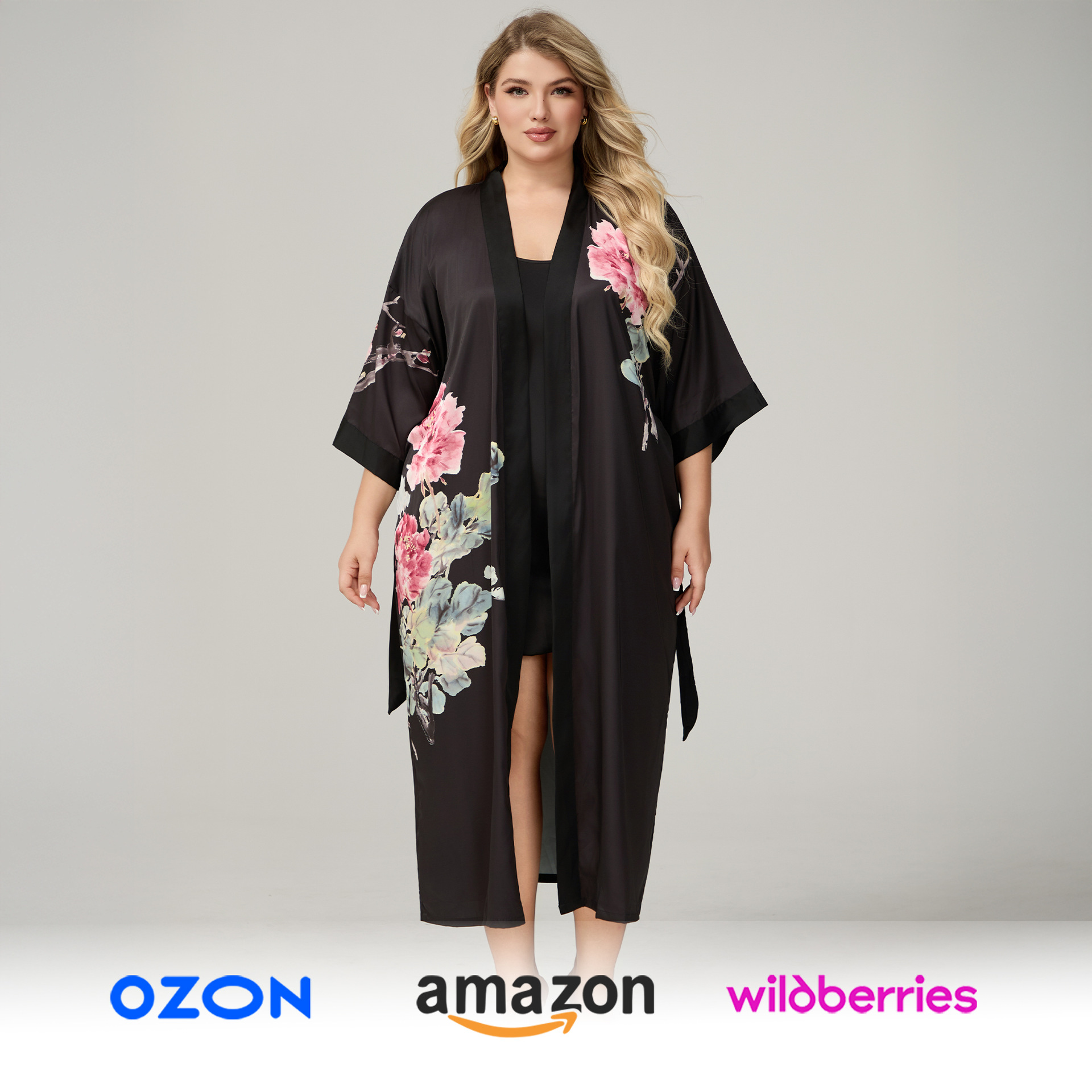 耀婷WB大码缎面睡衣女春夏七分袖印花宽松睡裙睡袍家居服两件套女