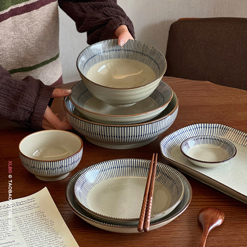 日本製陶磁器食器セット、ボウルとプレート、家庭用下絵付丼、高級皿、麺鉢、サラダボウル、スープボウル|undefined