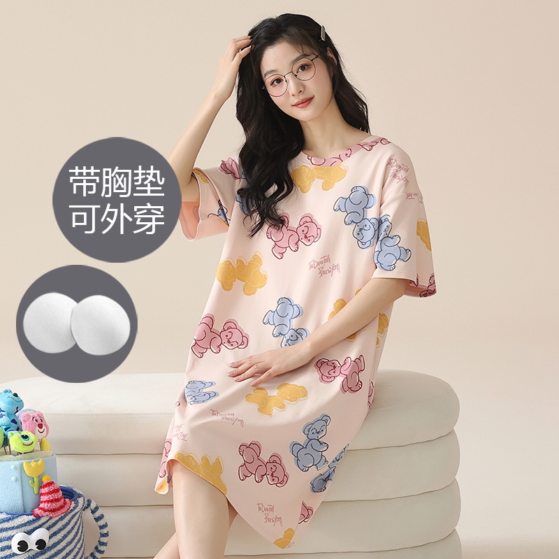 2024 verano corbata redonda cojín en el pecho pijama mujer camisón de dibujos animados estampado de manga corta se puede usar falda delgada de longitud media para niña