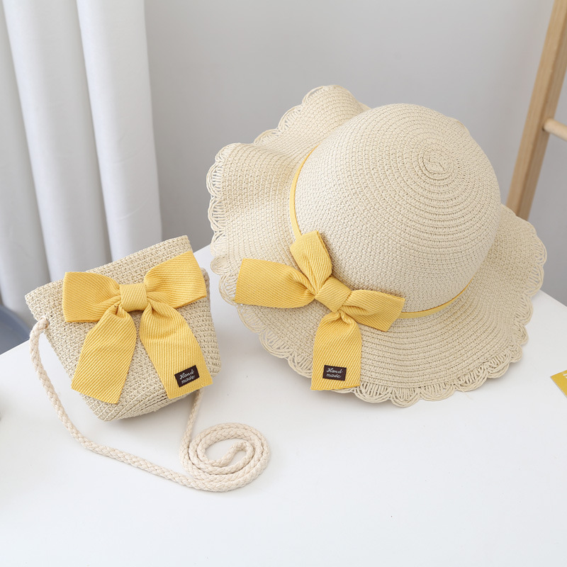 夏季儿童防晒帽子宝宝草帽包包套装小孩女童可爱大檐遮阳太阳帽