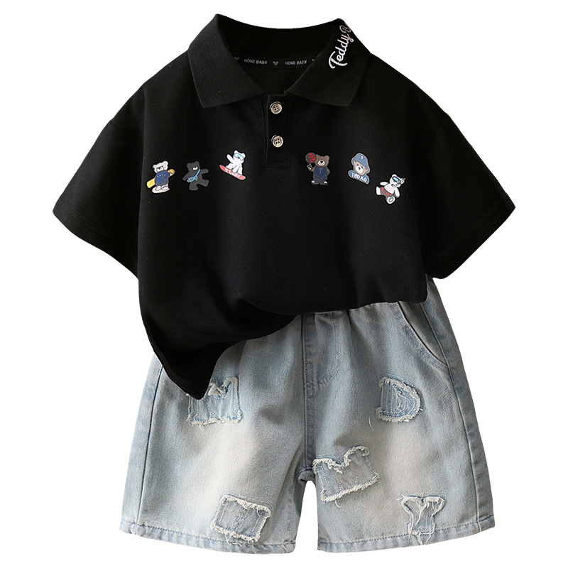 7326 Traje de manga corta para niños Camisa POLO de verano fresca y de moda Pantalones de mezclilla para niños Pantalones de cinco puntos Verano de dos piezas de verano