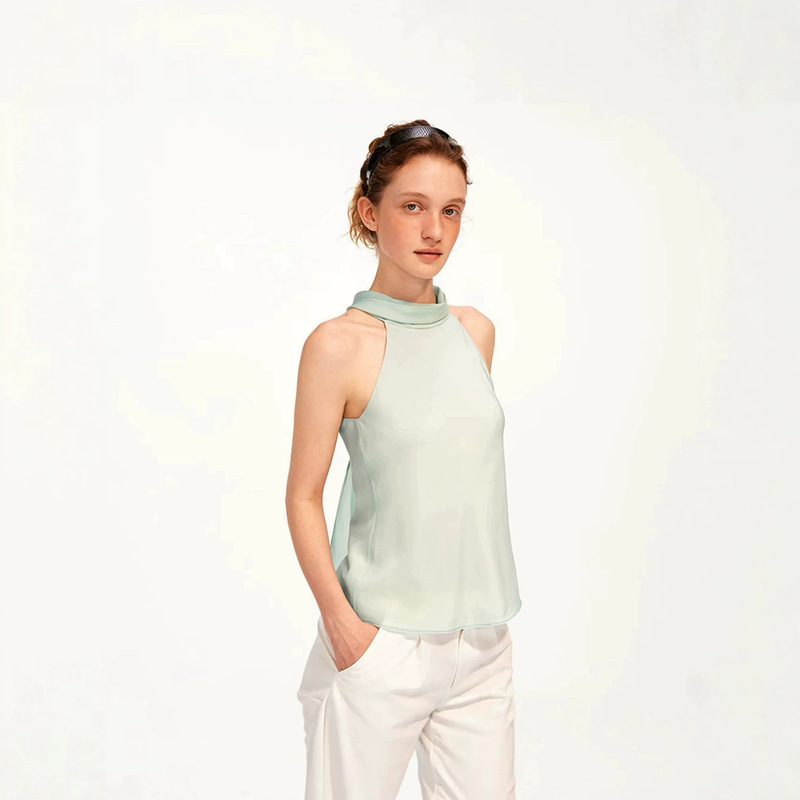 PUKI Mulberry Silk Acetate Lightweight Halter Neck Sleeveless Tank Top with Tie Straps for a Slimming Look