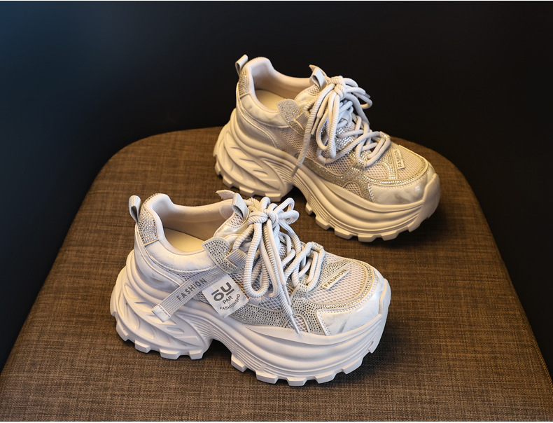 Giày sneaker nữ chunky đế dày lưới thoáng khí đính đá rhinestone — màu be chi tiết 5