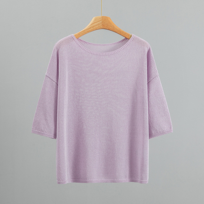 Relaxed and Casual Japanese-Style Washi Yarn Off-The-Shoulder Pullover Knit Top with Loose Fit and Mid-Length Sleeves