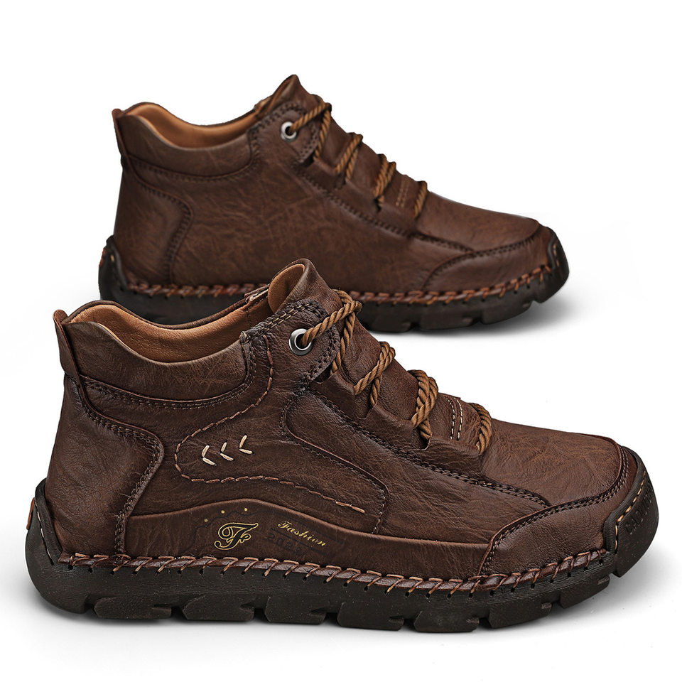 Bốt da nam cổ trung đế bằng buộc dây đường may thủ công — 9502 màu kaki, 9502 màu kaki lót lông, 9502 màu nâu sẫm lót lông, 9502 màu đen