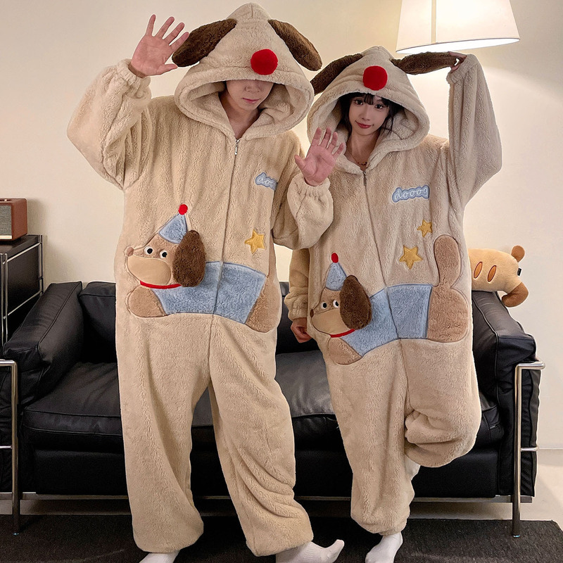 ワンピースのカップルのパジャマの女性の珊瑚の絨毯は厚いです。秋冬の男性のファスナーのフランネルの家の服は一体になります。|undefined