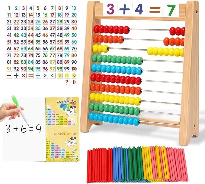 Marco de cálculo aritmético de madera para niños Operación matemática Adición y sustracción Ayudas de enseñanza Contador Conexión de Niños Pequeños Número de reconocimiento de iluminación