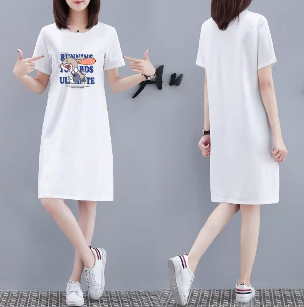 Mid-Length White Printed T-Shirt Dress for Women, 2026 New Summer Sports Style Printed Loose-Fitting Flutter Sleeve Long Dress