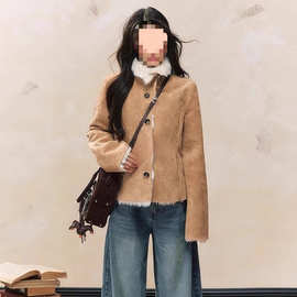 跨境秋冬新款原创设计感复古修身皮毛一体短款毛毛外套女冬季