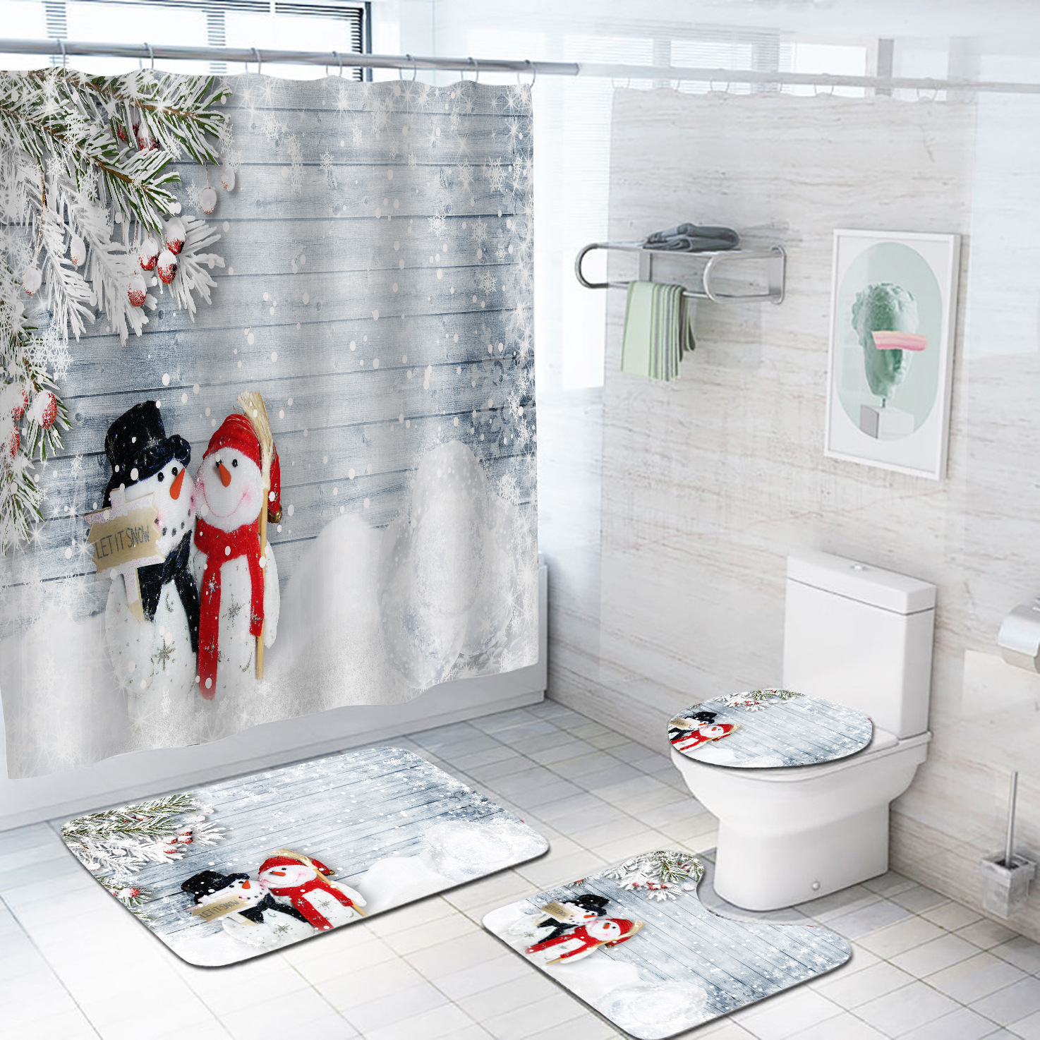 亚马逊新款圣诞浴室地垫四件套 数码印花防水防霉浴帘套装